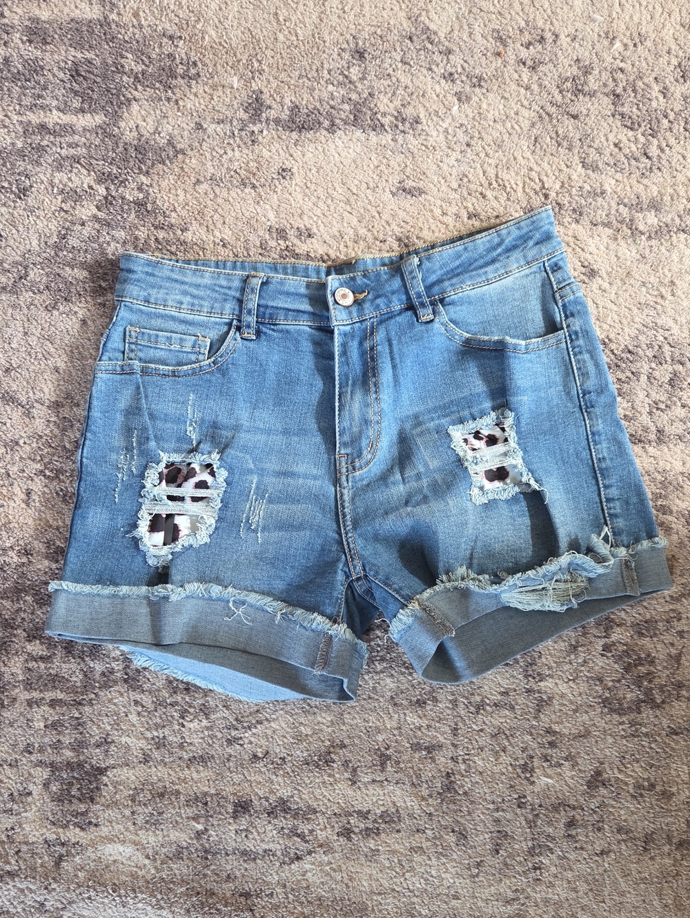 Leopard Patchwork Denim Rolled Hem Shorts Women's Size M